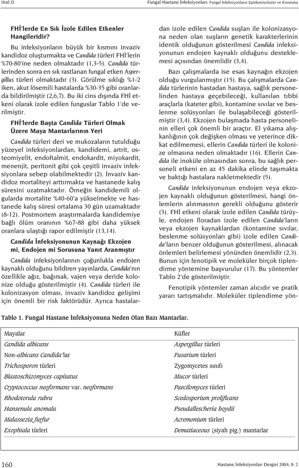 Candida türlerinden sonra en s k rastlanan fungal etken Aspergillus türleri olmaktad r (3). Görülme s kl %1-2 iken, akut lösemili hastalarda %30-35 gibi oranlarda bildirilmifltir (2,6,7).