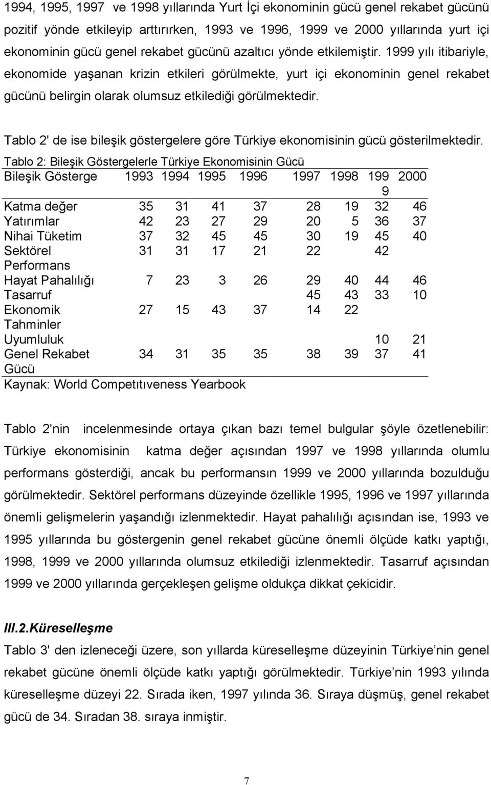 Tablo 2' de ise bileşik göstergelere göre Türkiye ekonomisinin gücü gösterilmektedir.