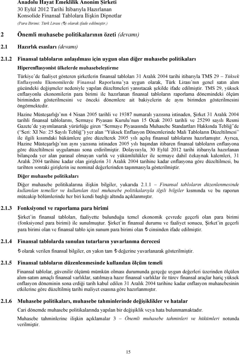 2 Finansal tabloların anlaşılması için uygun olan diğer muhasebe politikaları Hiperenflasyonist ülkelerde muhasebeleştirme Türkiye de faaliyet gösteren şirketlerin finansal tabloları 31 Aralık 2004