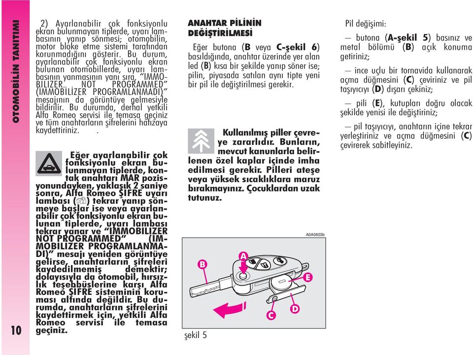 NOT PROGRAMMED (ÝMMOBÝLÝZER PROGRAMLANMADI) mesajýnýn da görüntüye gelmesiyle bildirilir.