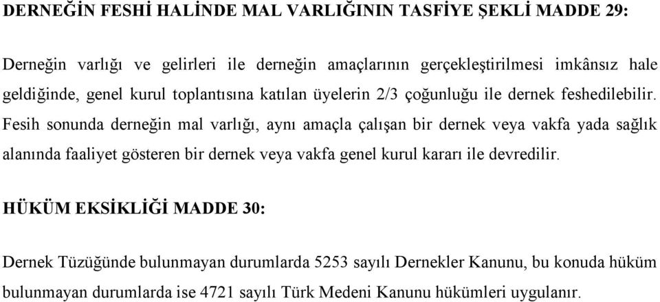 Fesih sonunda derneğin mal varlığı, aynı amaçla çalışan bir dernek veya vakfa yada sağlık alanında faaliyet gösteren bir dernek veya vakfa genel kurul