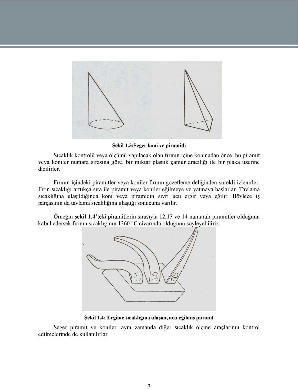 üzerine dizilirler. Fırının içindeki piramitler veya koniler fırının gözetleme deliğinden sürekli izlenirler. Fırın sıcaklığı arttıkça sıra ile piramit veya koniler eğilmeye ve yatmaya başlarlar.