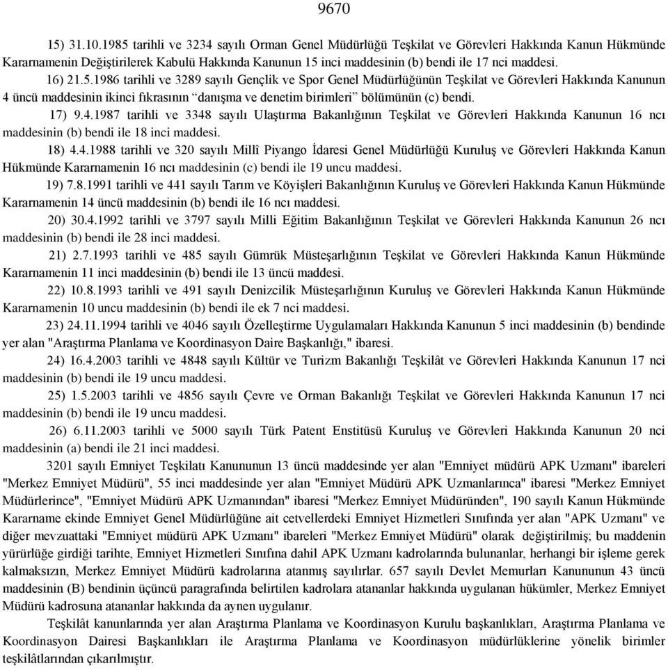 16) 21.5.1986 tarihli ve 3289 sayılı Gençlik ve Spor Genel Müdürlüğünün Teşkilat ve Görevleri Hakkında Kanunun 4 üncü maddesinin ikinci fıkrasının danışma ve denetim birimleri bölümünün (c) bendi.