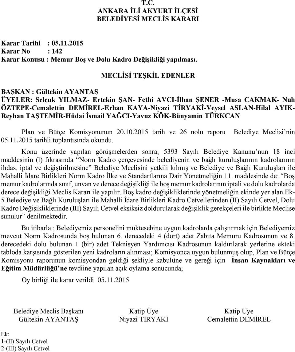 KÖK-Bünyamin TÜRKCAN Plan ve Bütçe Komisyonunun 20.10.2015 tarih ve 26 nolu raporu 05.11.2015 tarihli toplantısında okundu.