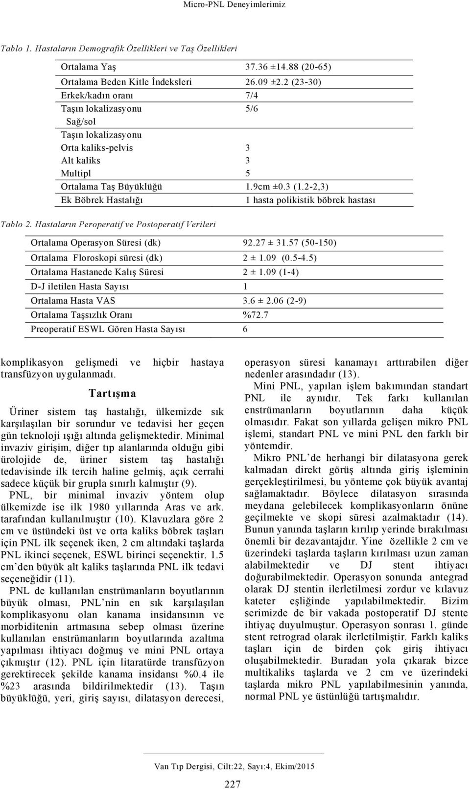 2-2,3) Ek Böbrek Hastalığı 1 hasta polikistik böbrek hastası 3 3 5 Tablo 2. Hastaların Peroperatif ve Postoperatif Verileri Ortalama Operasyon Süresi (dk) 92.27 ± 31.