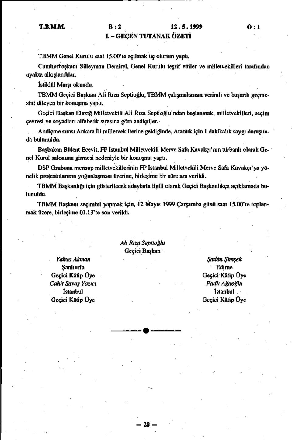 Geçici Başkan Elazığ Milletvekili Ali Rıza Septioğlu'ndan başlanarak, milletvekilleri, seçim çevresi ve soyadları alfabetik sırasına göre andiçtiler.