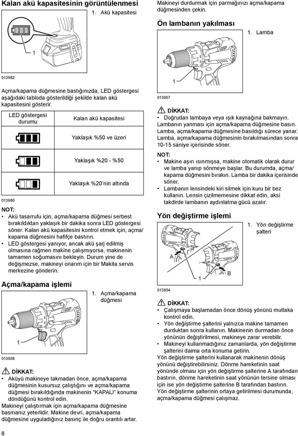 03980 NOT: Akü tasarrufu için, açma/kapama düğmesi serbest bırakıldıktan yaklaşık bir dakika sonra LED göstergesi söner.