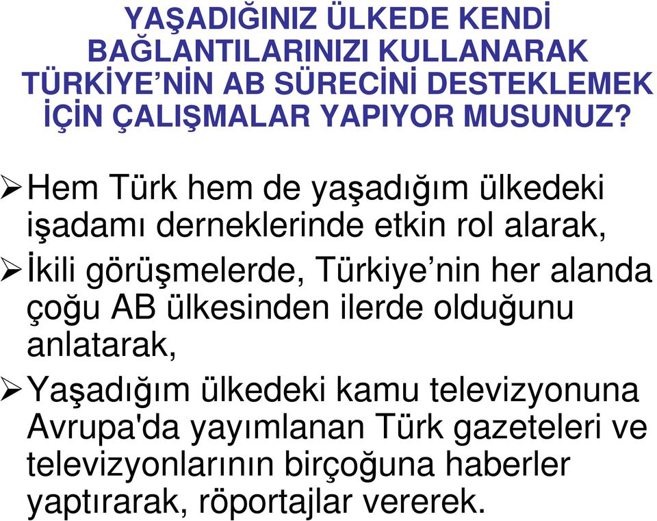 Hem Türk hem de yaşadığım ülkedeki işadamı derneklerinde etkin rol alarak, İkili görüşmelerde, Türkiye nin