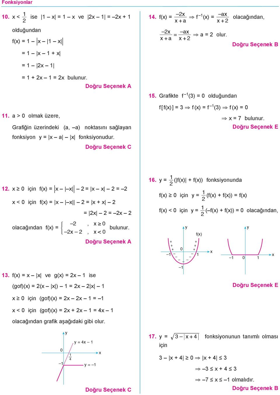 Grafikte f () = oldu undan f[f() ] = f () = f () f () = = 7 bulunur.. için f() = = = < için f() = = = =, olaca ndan f() = ) bulunur., <.