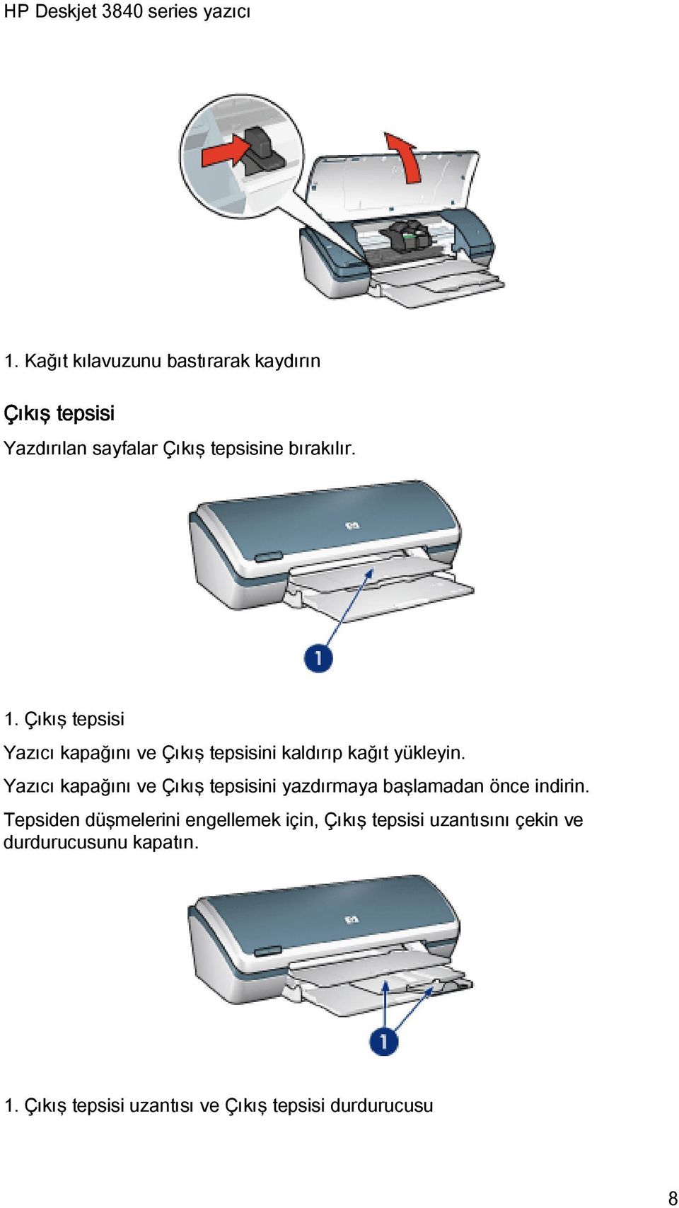 Yazıcı kapağını ve Çıkış tepsisini yazdırmaya başlamadan önce indirin.