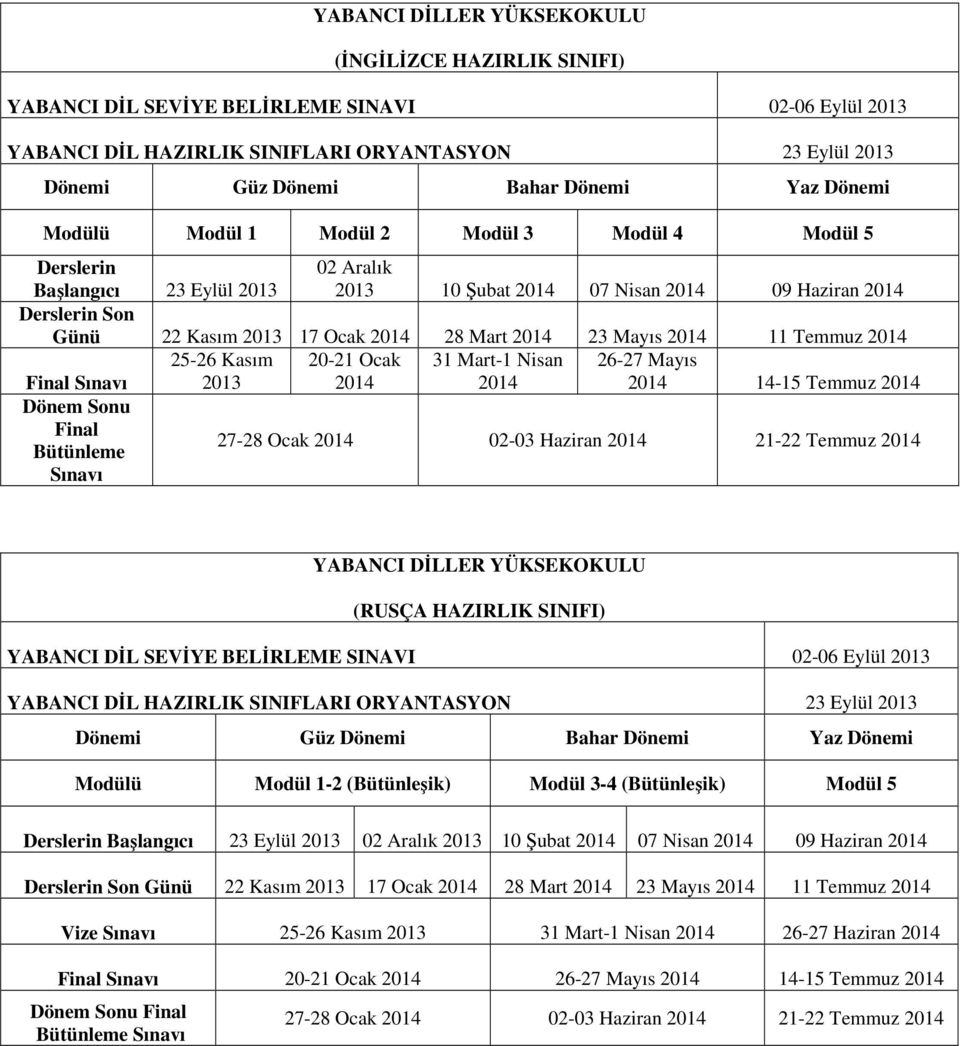 Mart 2014 23 Mayıs 2014 11 Temmuz 2014 Final Sınavı 25-26 Kasım 2013 20-21 Ocak 2014 31 Mart-1 Nisan 2014 26-27 Mayıs 2014 14-15 Temmuz 2014 Dönem Sonu Final Bütünleme Sınavı 27-28 Ocak 2014 02-03