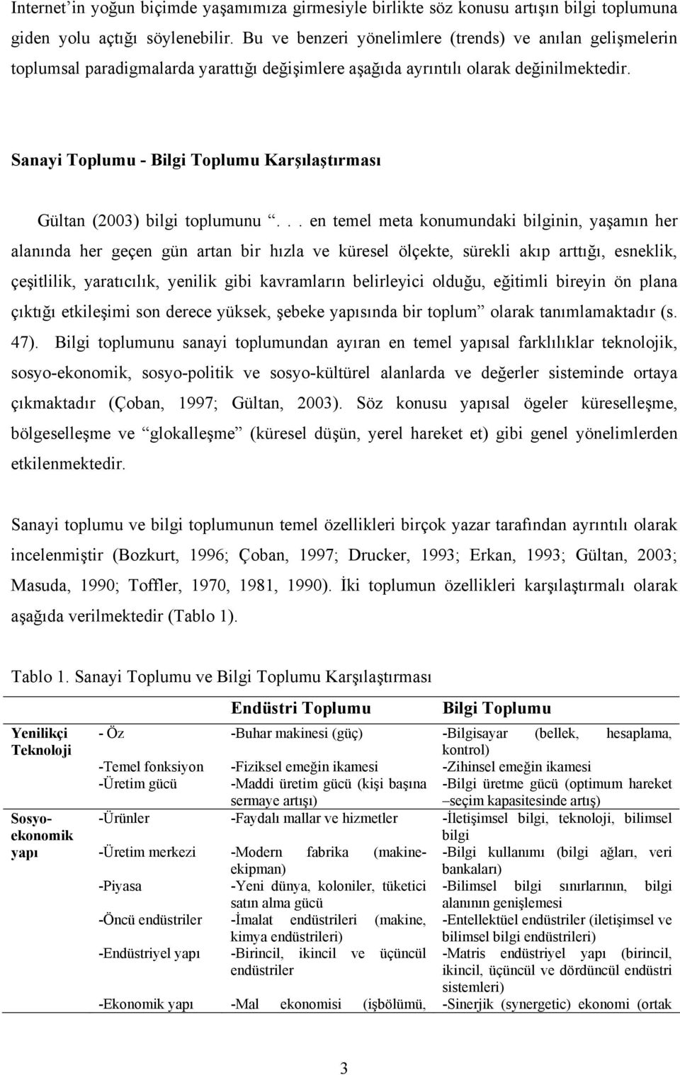 Sanayi Toplumu - Bilgi Toplumu Karşılaştırması Gültan (2003) bilgi toplumunu.