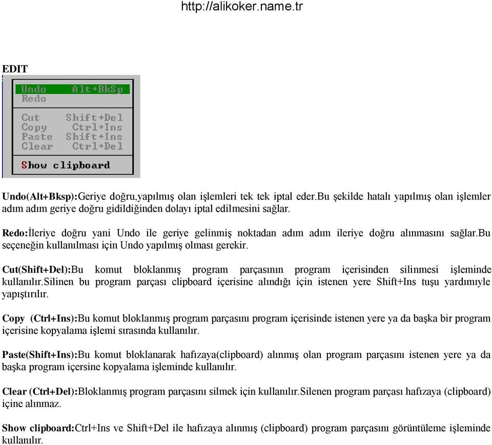 Cut(Shift+Del):Bu komut bloklanmış program parçasının program içerisinden silinmesi işleminde kullanılır.