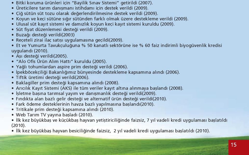 Ulusal süt kayıt sistemi ve damızlık koyun keçi kayıt sistemi kuruldu (2009). Süt fiyat düzenlemesi desteği verildi (2009).