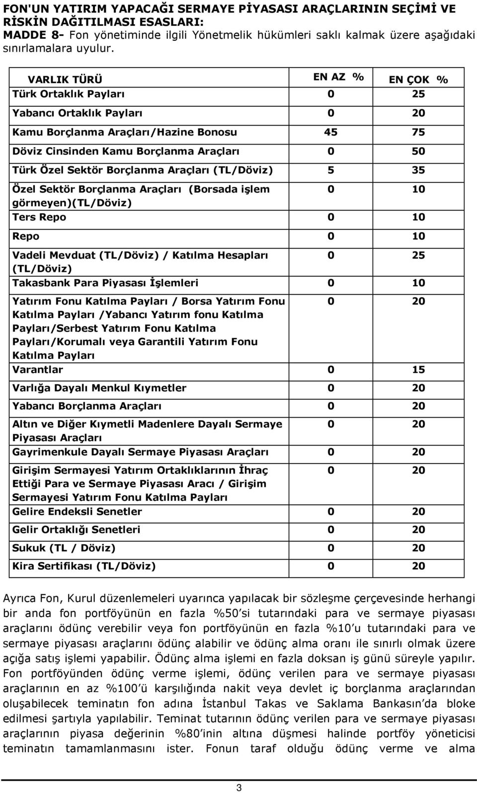 Borçlanma Araçları (TL/Döviz) 5 35 Özel Sektör Borçlanma Araçları (Borsada işlem görmeyen)(tl/döviz) 0 10 Ters Repo 0 10 Repo 0 10 Vadeli Mevduat (TL/Döviz) / Katılma Hesapları (TL/Döviz) 0 25