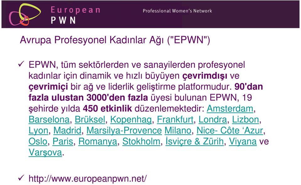 90'dan fazla ulustan 3000'den fazla üyesi bulunan EPWN, 19 şehirde yılda 450 etkinlik düzenlemektedir: Amsterdam, Barselona,