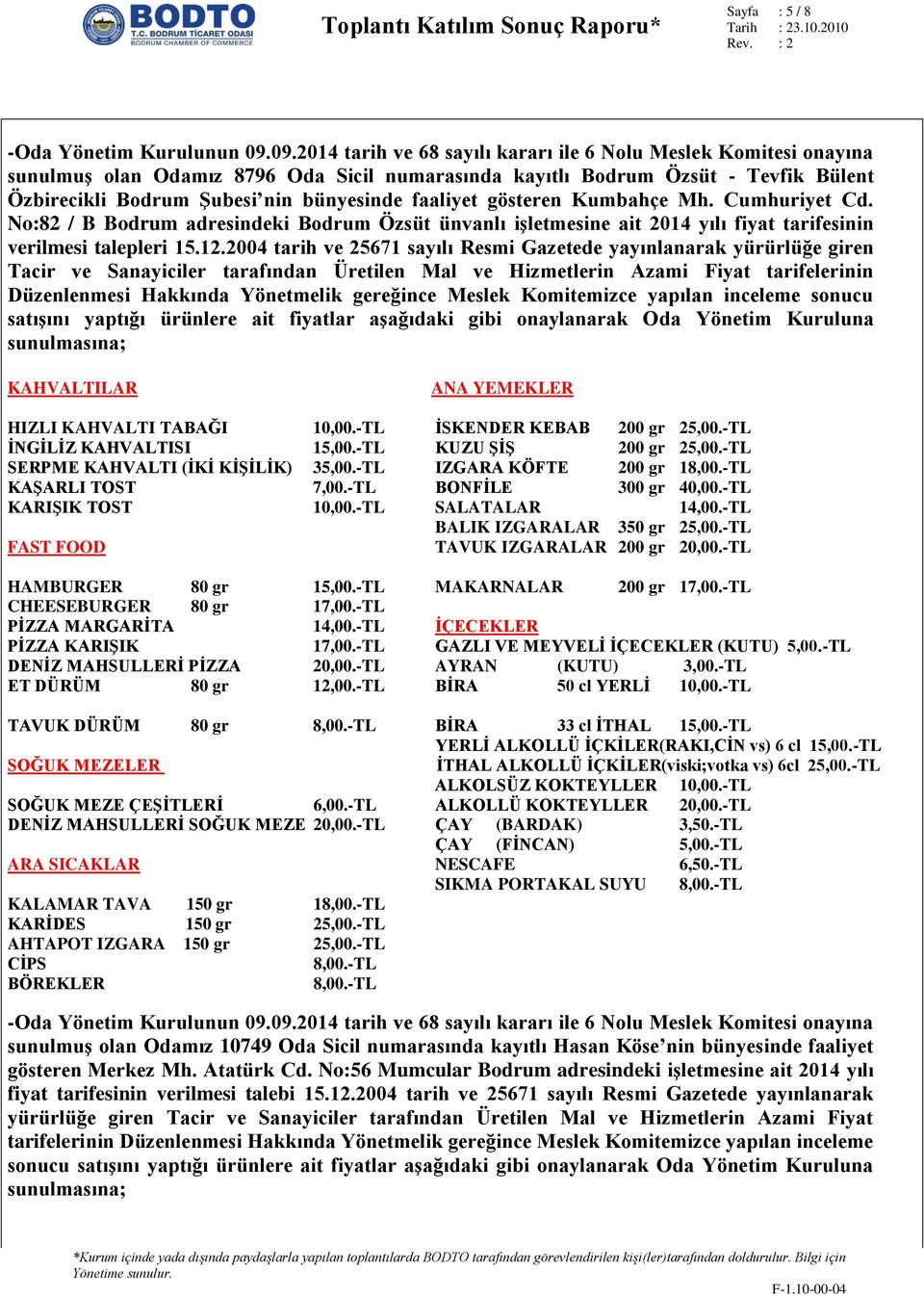 faaliyet gösteren Kumbahçe Mh. Cumhuriyet Cd. No:82 / B Bodrum adresindeki Bodrum Özsüt ünvanlı işletmesine ait 2014 yılı fiyat tarifesinin verilmesi talepleri 15.12.