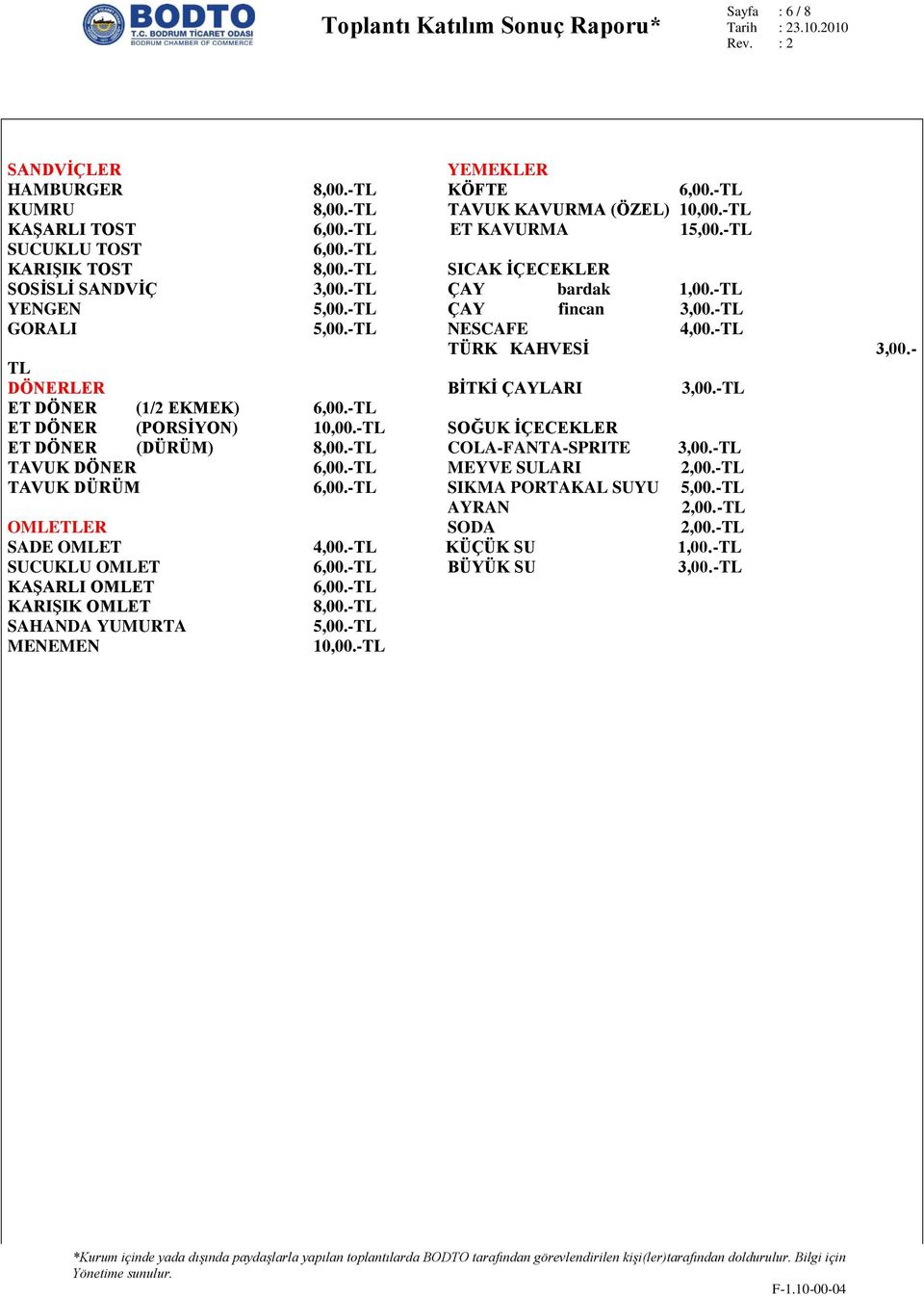 -TL ET DÖNER (1/2 EKMEK) 6,00.-TL ET DÖNER (PORSİYON) 10,00.-TL SOĞUK İÇECEKLER ET DÖNER (DÜRÜM) 8,00.-TL COLA-FANTA-SPRITE 3,00.-TL TAVUK DÖNER 6,00.-TL MEYVE SULARI 2,00.-TL TAVUK DÜRÜM 6,00.