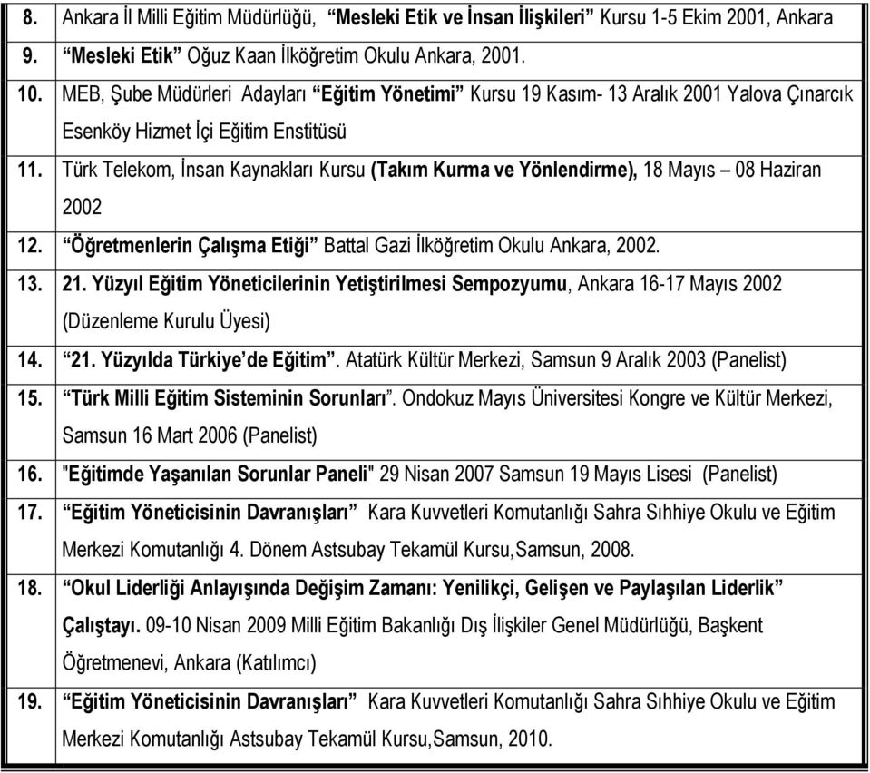 Türk Telekom, İnsan Kaynakları Kursu (Takım Kurma ve Yönlendirme), 18 Mayıs 08 Haziran 2002 12. Öğretmenlerin Çalışma Etiği Battal Gazi İlköğretim Okulu Ankara, 2002. 13. 21.