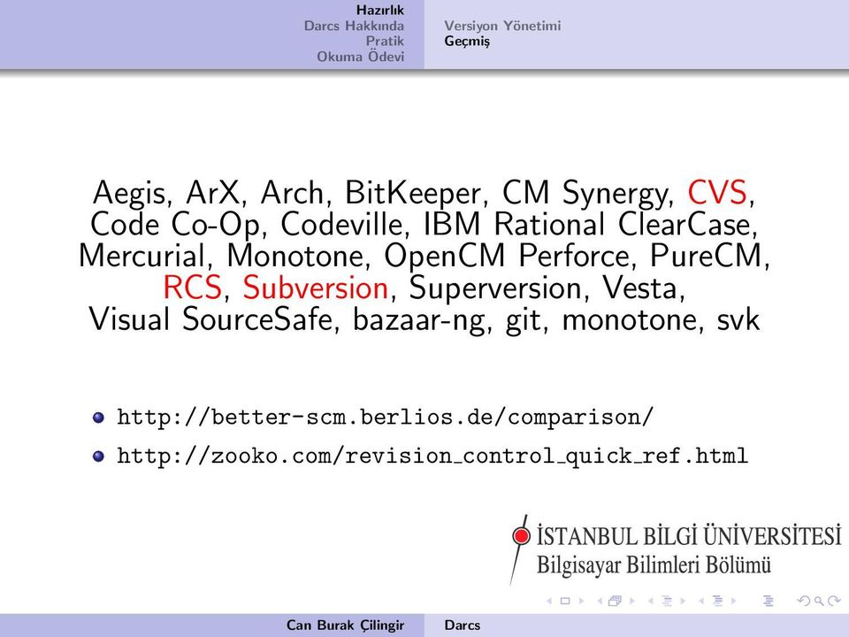 RCS, Subversion, Superversion, Vesta, Visual SourceSafe, bazaar-ng, git, monotone, svk