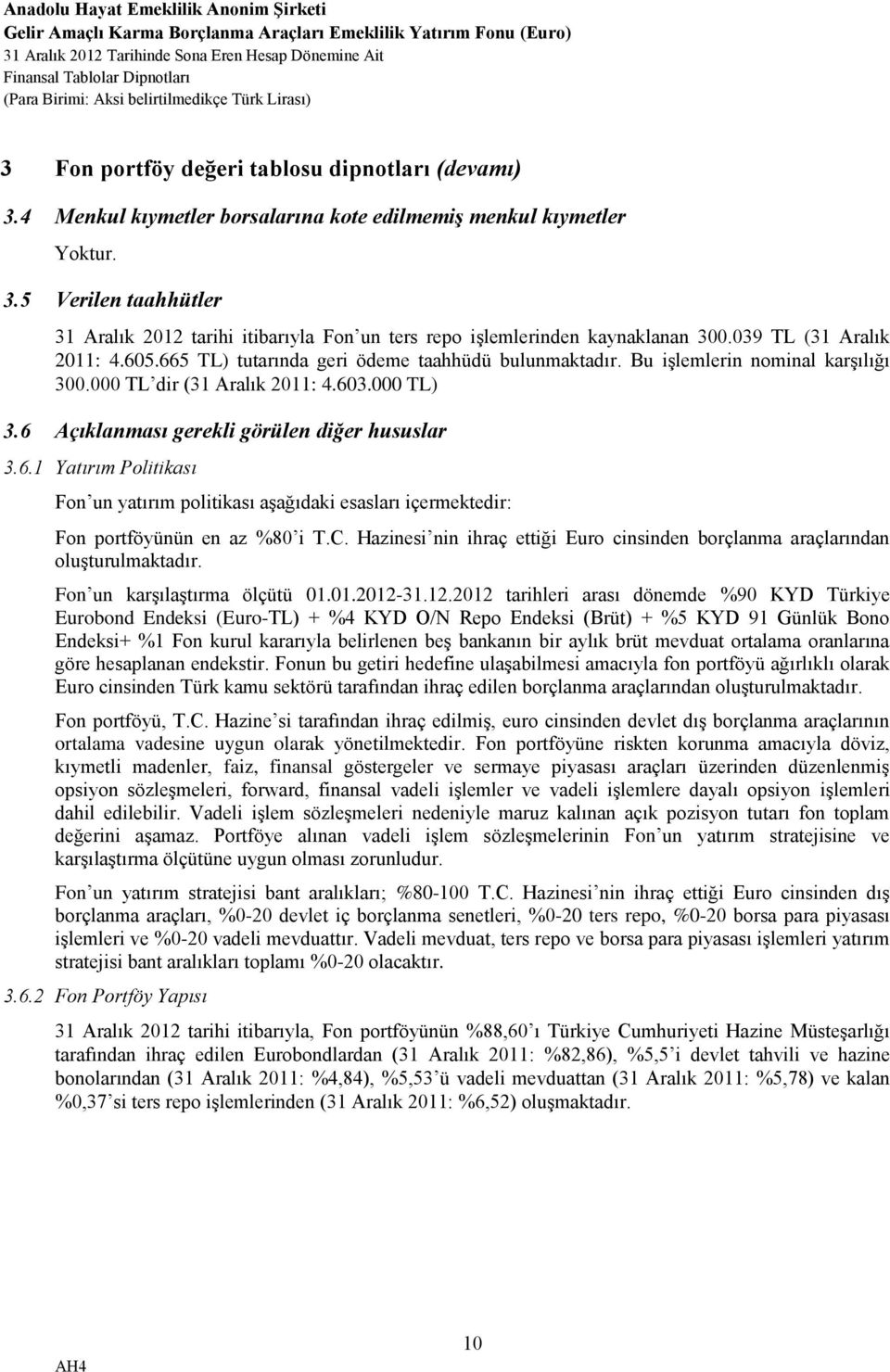 Bu işlemlerin nominal karşılığı 300.000 TL dir (31 Aralık 2011: 4.603.000 TL) 3.6 Açıklanması gerekli görülen diğer hususlar 3.6.1 Yatırım Politikası Fon un yatırım politikası aşağıdaki esasları içermektedir: Fon portföyünün en az %80 i T.