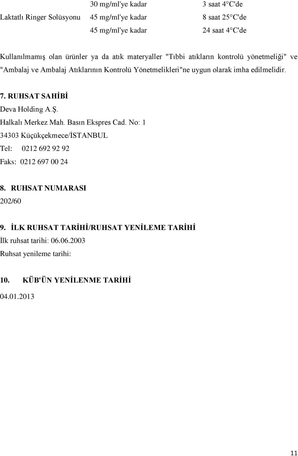 RUHSAT SAHİBİ Deva Holding A.Ş. Halkalı Merkez Mah. Basın Ekspres Cad. No: 1 34303 Küçükçekmece/İSTANBUL Tel: 0212 692 92 92 Faks: 0212 697 00 24 8.