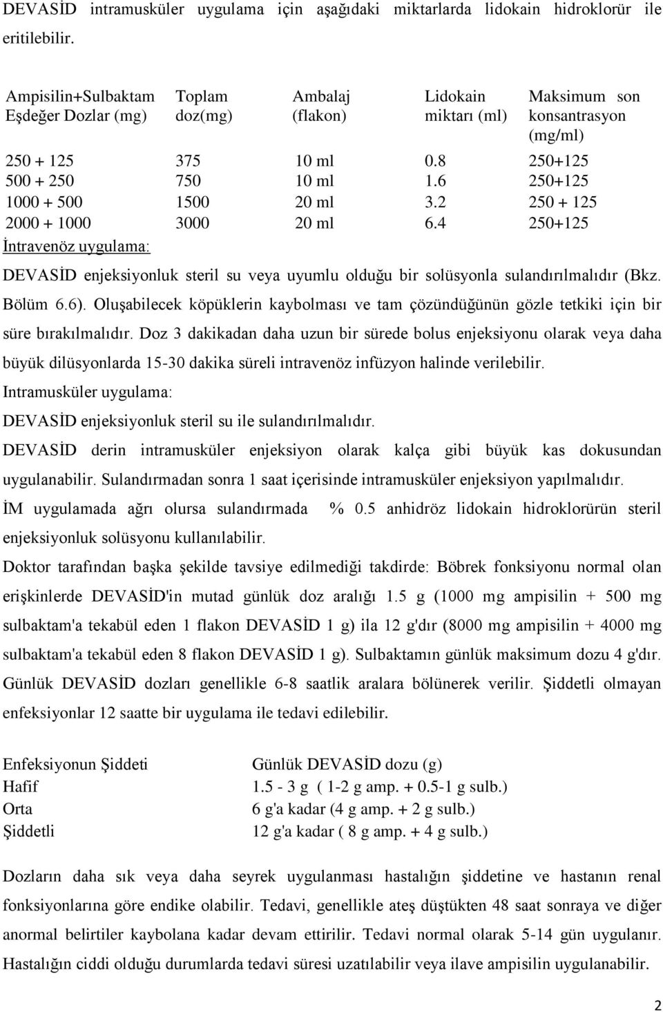 6 250+125 1000 + 500 1500 20 ml 3.2 250 + 125 2000 + 1000 3000 20 ml 6.4 250+125 İntravenöz uygulama: DEVASİD enjeksiyonluk steril su veya uyumlu olduğu bir solüsyonla sulandırılmalıdır (Bkz. Bölüm 6.