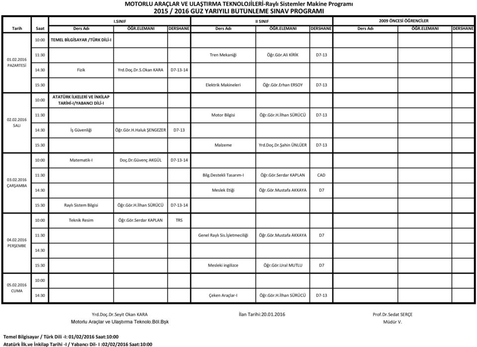 Şahin ÜNLÜER -13 Matematik-I Doç.Dr.Güvenç AKGÜL -13-14 Bilg.Destekli Tasarım-I Öğr.Gör.Serdar KAPLAN CAD Meslek Etiği Öğr.Gör.Mustafa AKKAYA 15:30 Raylı Sistem Bilgisi Öğr.Gör.H.