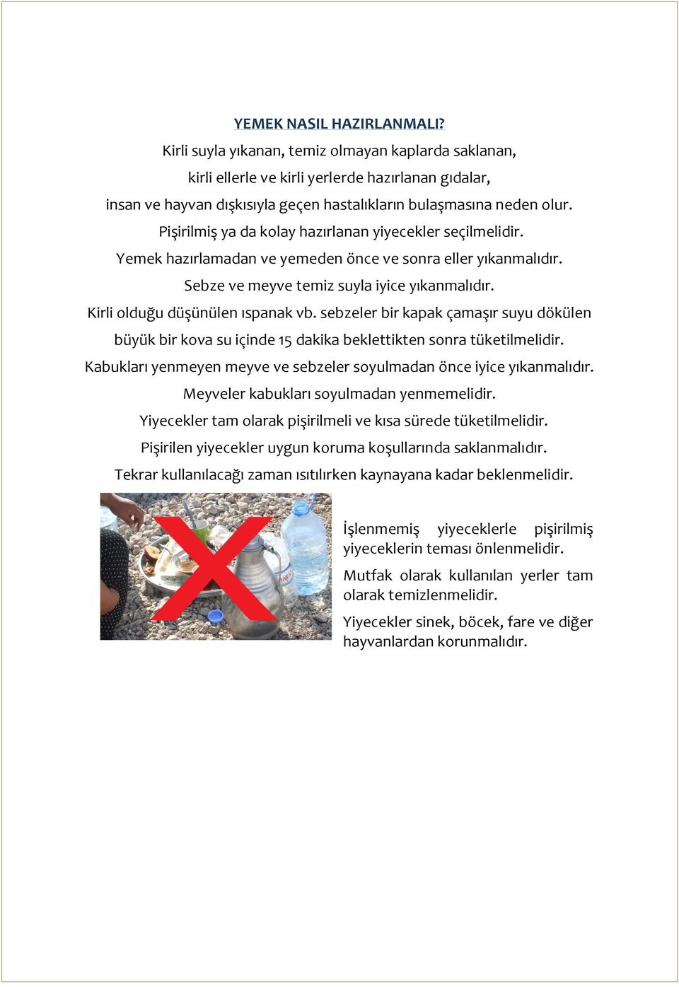 Pişirilmiş ya da kolay hazırlanan yiyecekler seçilmelidir. Yemek hazırlamadan ve yemeden önce ve sonra eller yıkanmalıdır. Sebze ve meyve temiz suyla iyice yıkanmalıdır.