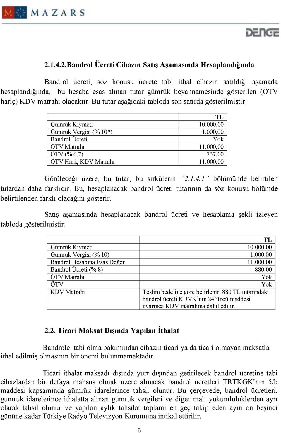 000,00 ÖTV (% 6,7) 737,00 ÖTV Hariç KDV Matrahı 11.000,00 Görüleceği üzere, bu tutar, bu sirkülerin 2.1.4.1 bölümünde belirtilen tutardan daha farklıdır.