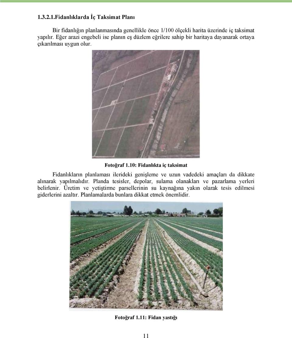 10: Fidanlıkta iç taksimat Fidanlıkların planlaması ilerideki genişleme ve uzun vadedeki amaçları da dikkate alınarak yapılmalıdır.