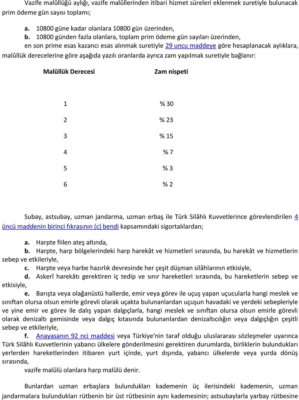 yazılı oranlarda ayrıca zam yapılmak suretiyle bağlanır: Malûllük Derecesi Zam nispeti 1 % 30 2 % 23 3 % 15 4 % 7 5 % 3 6 % 2 Subay, astsubay, uzman jandarma, uzman erbaş ile Türk Silâhlı