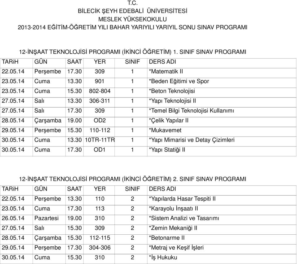 30 110-112 1 *Mukavemet 30.05.14 Cuma 13.30 10TR-11TR 1 *Yapı Mimarisi ve Detay Çizimleri 30.05.14 Cuma 17.30 OD1 1 *Yapı Statiği II 12-İNŞAAT TEKNOLOJİSİ PROGRAMI (İKİNCİ ÖĞRETİM) 2.