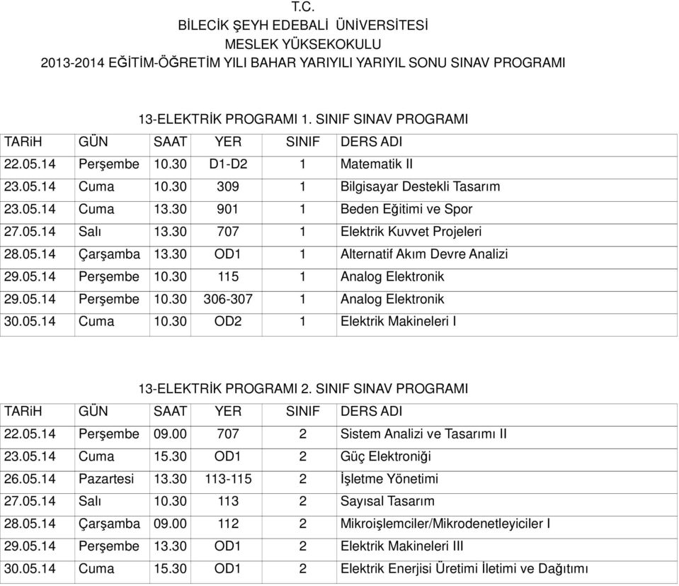 05.14 Cuma 10.30 OD2 1 Elektrik Makineleri I 13-ELEKTRİK PROGRAMI 2. SINIF SINAV PROGRAMI 22.05.14 Perşembe 09.00 707 2 Sistem Analizi ve Tasarımı II 23.05.14 Cuma 15.30 OD1 2 Güç Elektroniği 26.05.14 Pazartesi 13.