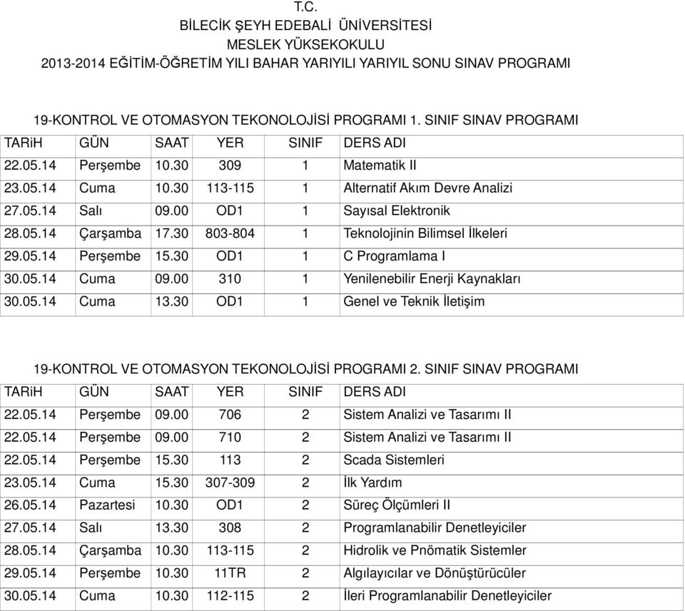 05.14 Cuma 13.30 OD1 1 Genel ve Teknik İletişim 19-KONTROL VE OTOMASYON TEKONOLOJİSİ PROGRAMI 2. SINIF SINAV PROGRAMI 22.05.14 Perşembe 09.00 706 2 Sistem Analizi ve Tasarımı II 22.05.14 Perşembe 09.00 710 2 Sistem Analizi ve Tasarımı II 22.