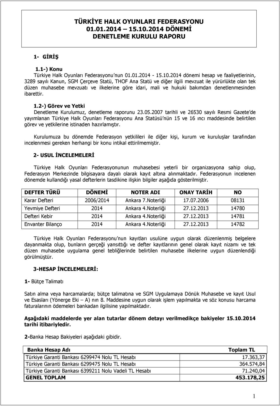 2014 dönemi hesap ve faaliyetlerinin, 3289 sayılı Kanun, SGM Çerçeve Statü, THOF Ana Statü ve diğer ilgili mevzuat ile yürürlükte olan tek düzen muhasebe mevzuatı ve ilkelerine göre idari, mali ve