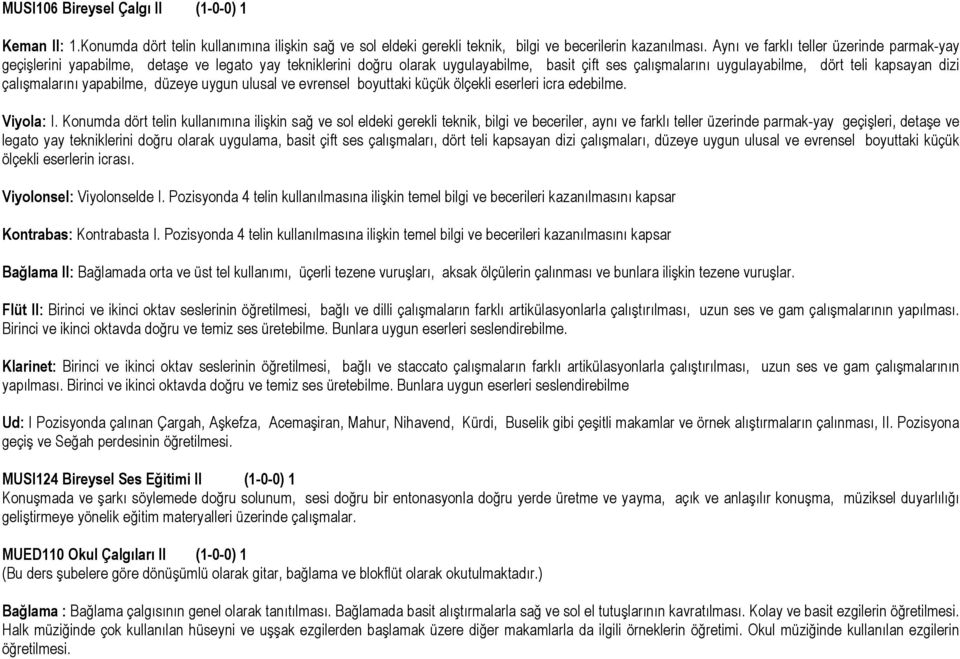 çalışmalarını yapabilme, düzeye uygun ulusal ve evrensel boyuttaki küçük ölçekli eserleri icra edebilme. Viyola: I.