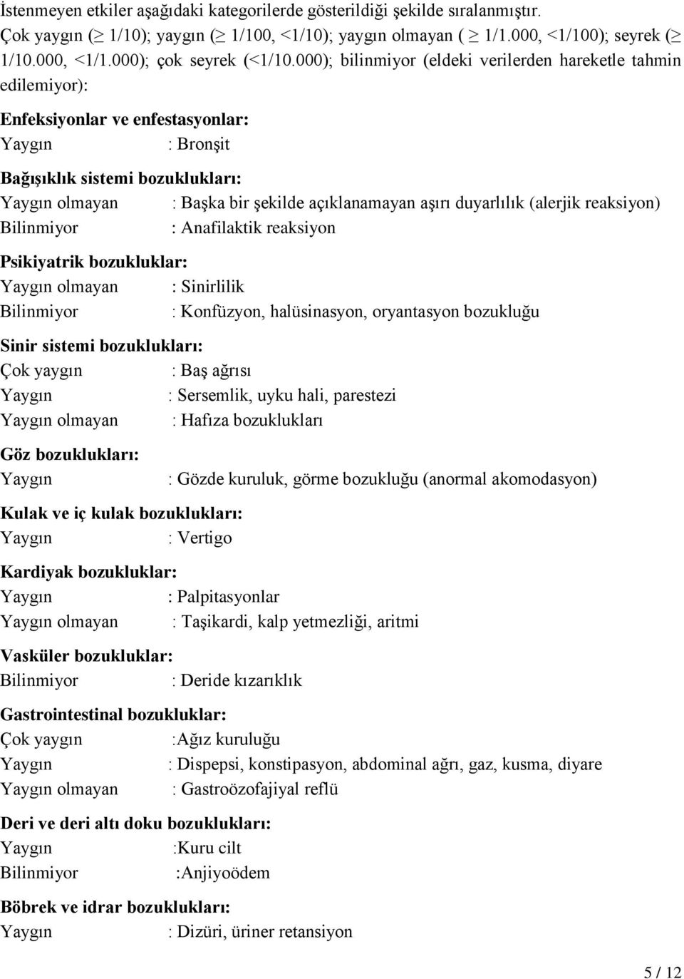 duyarlılık (alerjik reaksiyon) Bilinmiyor : Anafilaktik reaksiyon Psikiyatrik bozukluklar: olmayan : Sinirlilik Bilinmiyor : Konfüzyon, halüsinasyon, oryantasyon bozukluğu Sinir sistemi bozuklukları: