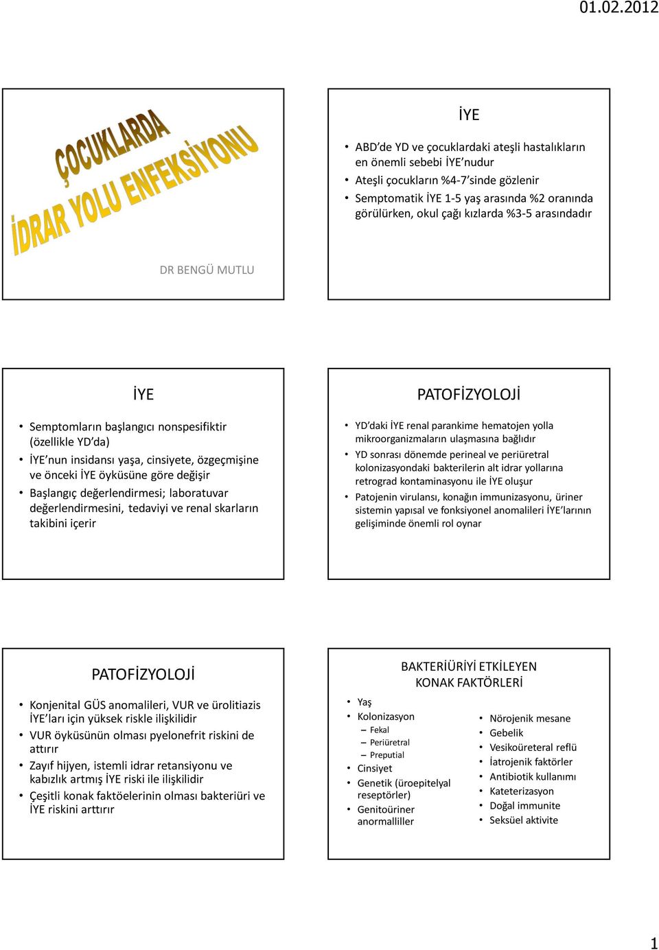 laboratuvar değerlendirmesini, tedaviyi ve renal skarların takibini içerir YD daki İYE renal parankime hematojen yolla mikroorganizmaların ulaşmasına bağlıdır YD sonrası dönemde perineal ve