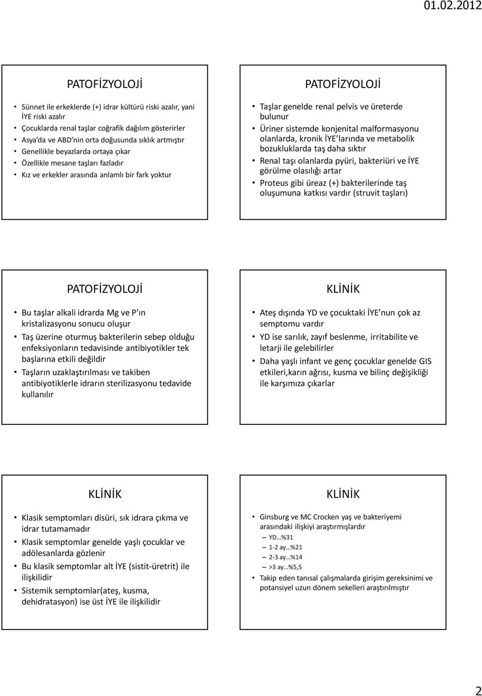 olanlarda, kronik İYE larında ve metabolik bozukluklarda taş daha sıktır Renal taşı olanlarda pyüri, bakteriüri ve İYE görülme olasılığı artar Proteus gibi üreaz (+) bakterilerinde taş oluşumuna