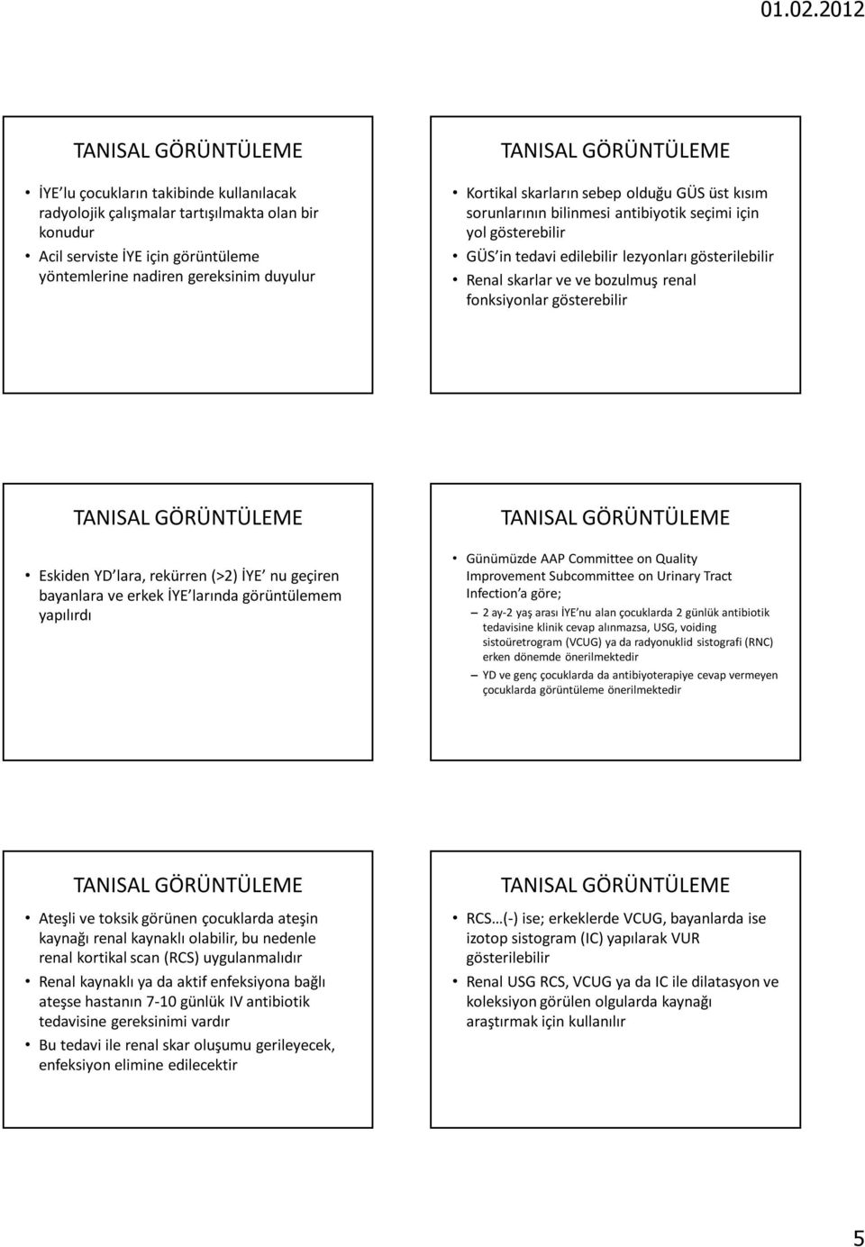 bozulmuş renal fonksiyonlar gösterebilir SAL GÖRÜNTÜLEME Eskiden YD lara, rekürren (>2) İYE nu geçiren bayanlara ve erkek İYE larında görüntülemem yapılırdı SAL GÖRÜNTÜLEME Günümüzde AAP Committee on