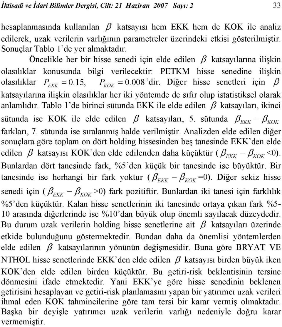 008 dr. Dğer hsse senetler çn β katsayılarına lşkn olasılıklar her k yöntemde de sıfır olup statstksel olarak anlamlıdır.