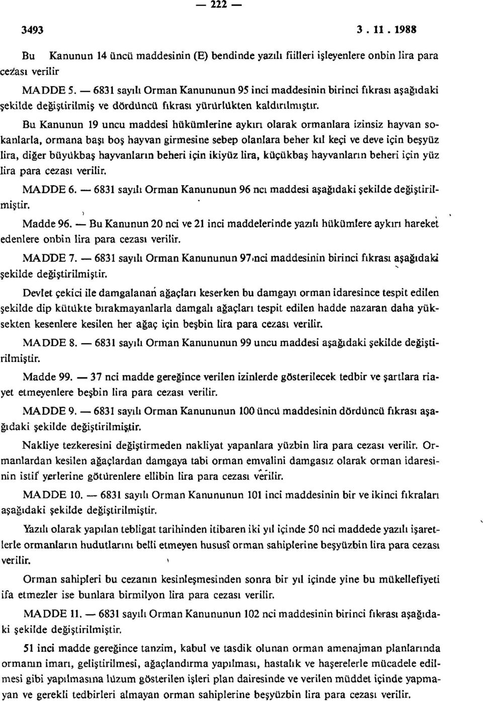 Bu Kanunun 19 uncu maddesi hükümlerine aykırı olarak ormanlara izinsiz hayvan sokanlarla, ormana başı boş hayvan girmesine sebep olanlara beher kıl keçi ve deve için beşyüz lira, diğer büyükbaş