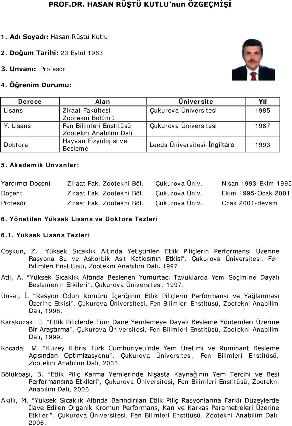 Lisans Fen Bilimleri Enstitüsü Çukurova Üniversitesi 1987 Zootekni Anabilim Dalı Doktora Hayvan Fizyolojisi ve Besleme Leeds Üniversitesi-İngiltere 1993 5.