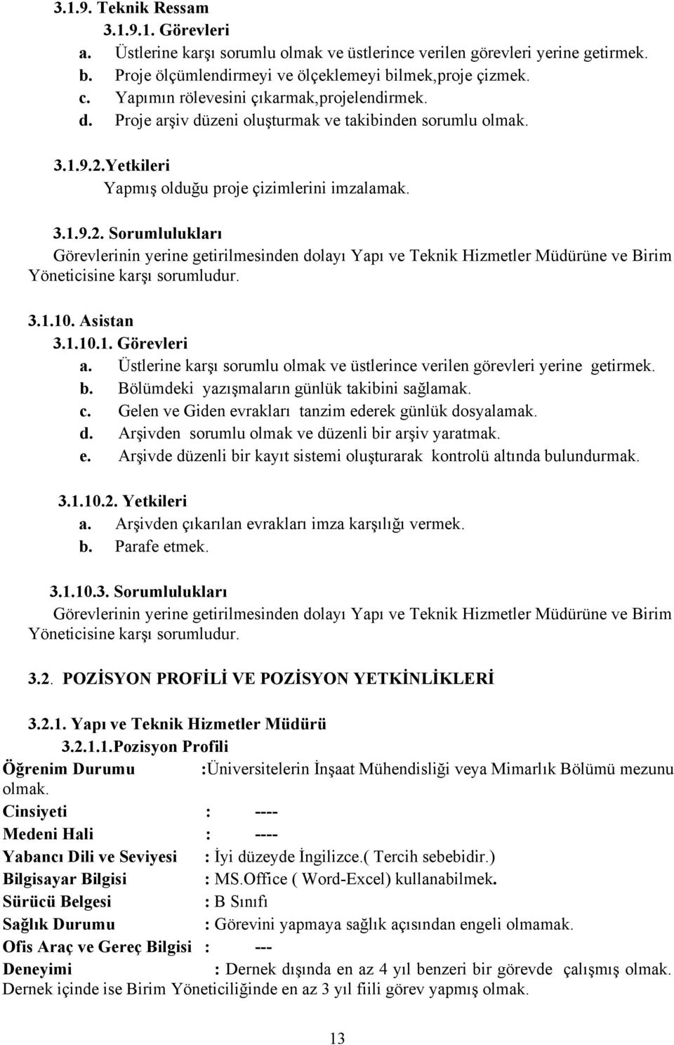 Yetkileri Yapmış olduğu proje çizimlerini imzalamak. 3.1.9.2. Sorumlulukları Görevlerinin yerine getirilmesinden dolayı Yapı ve Teknik Hizmetler Müdürüne ve Birim Yöneticisine karşı sorumludur. 3.1.10.