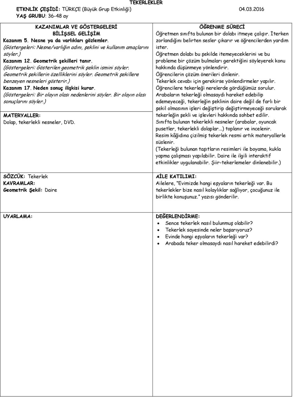 Geometrik şekillerin özelliklerini söyler. Geometrik şekillere benzeyen nesneleri gösterir.) Kazanım 17. Neden sonuç ilişkisi kurar. (Göstergeleri: Bir olayın olası nedenlerini söyler.