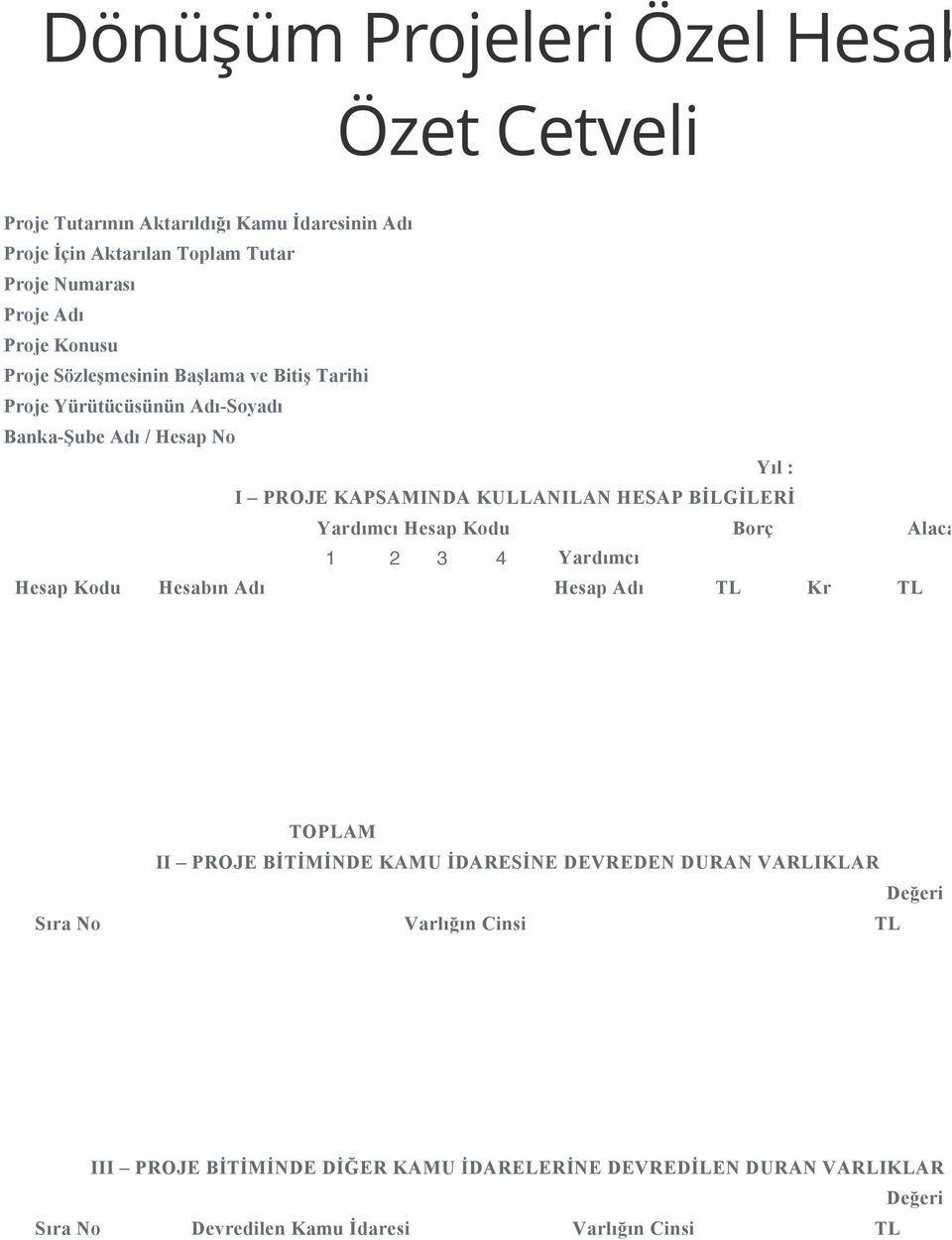 BİLGİLERİ Yardımcı Hesap Kodu Borç Alacak 1 2 3 4 Yardımcı Hesap Kodu Hesabın Adı Hesap Adı TL Kr TL Sıra No TOPLAM II PROJE BİTİMİNDE KAMU İDARESİNE