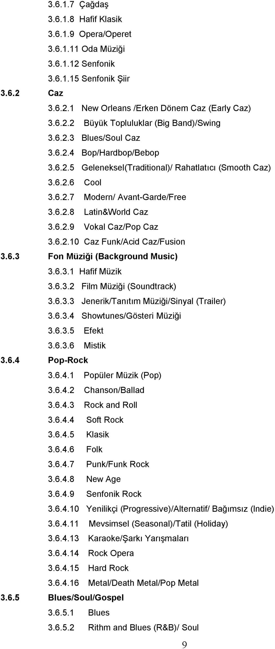 6.2.10 Caz Funk/Acid Caz/Fusion 3.6.3 Fon Müziği (Background Music) 3.6.3.1 Hafif Müzik 3.6.3.2 Film Müziği (Soundtrack) 3.6.3.3 Jenerik/Tanıtım Müziği/Sinyal (Trailer) 3.6.3.4 Showtunes/Gösteri Müziği 3.