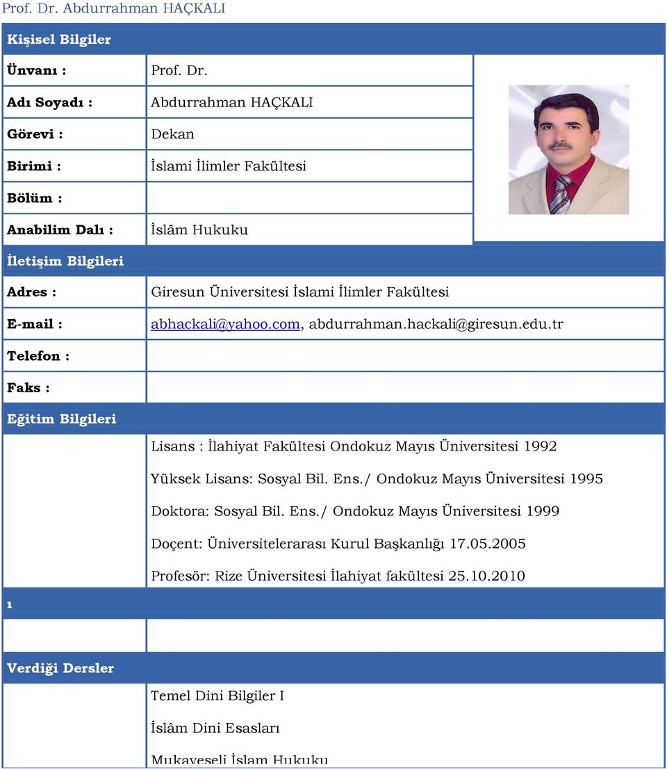 Adres : E-mail : Giresun Üniversitesi Ġslami Ġlimler Fakültesi abhackali@yahoo.com, abdurrahman.hackali@giresun.edu.