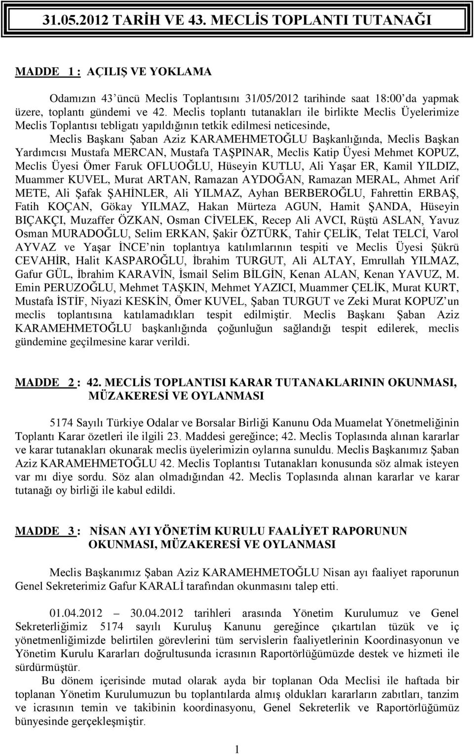 Yardımcısı Mustafa MERCAN, Mustafa TAŞPINAR, Meclis Katip Üyesi Mehmet KOPUZ, Meclis Üyesi Ömer Faruk OFLUOĞLU, Hüseyin KUTLU, Ali Yaşar ER, Kamil YILDIZ, Muammer KUVEL, Murat ARTAN, Ramazan AYDOĞAN,